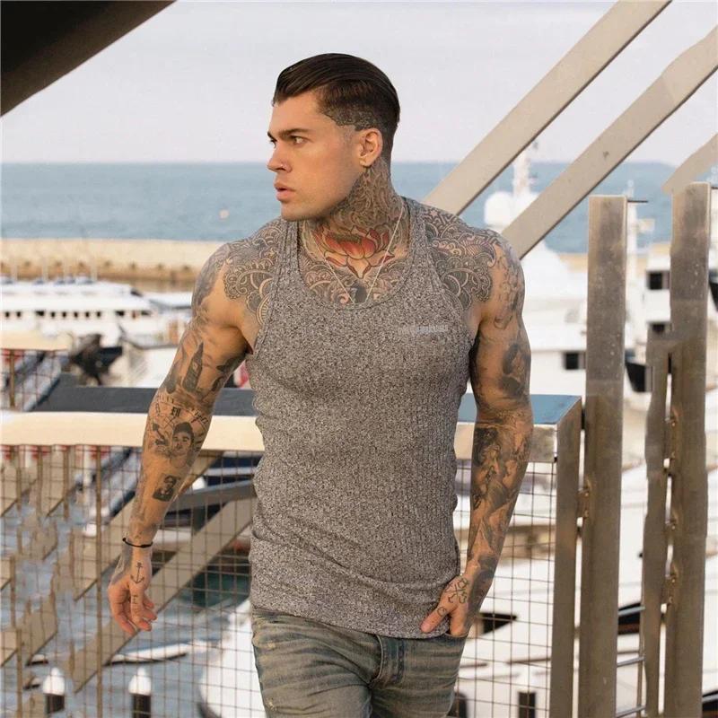 Muscleguys Спортивный зал Бодибилдинг Вязаные полоски Майки Летние Дышащие Быстросохнущие Без рукавов Мужские Фитнес Мышцы Приталенный Крой Спортивные жилеты