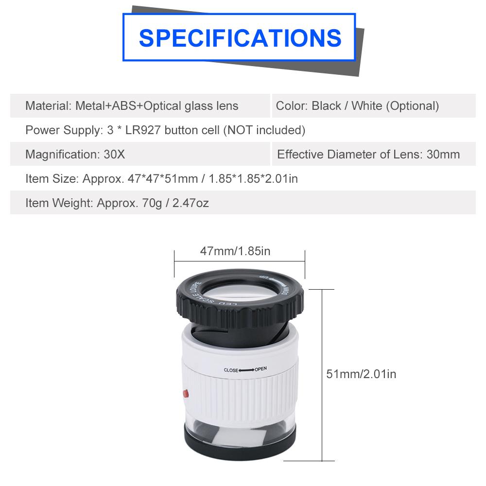 Светодиодная масштабная лупа, 30-кратная лупа с регулируемым увеличением, металлическое зеркало цилиндрического типа с маленькой шкалой
