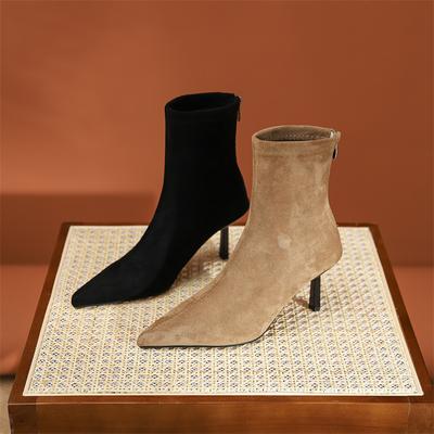 Весна и осень Новые остроносые тонкие модные короткие сапоги замшевые эластичные женские сапоги ретро элегантные тонкие модные сапоги