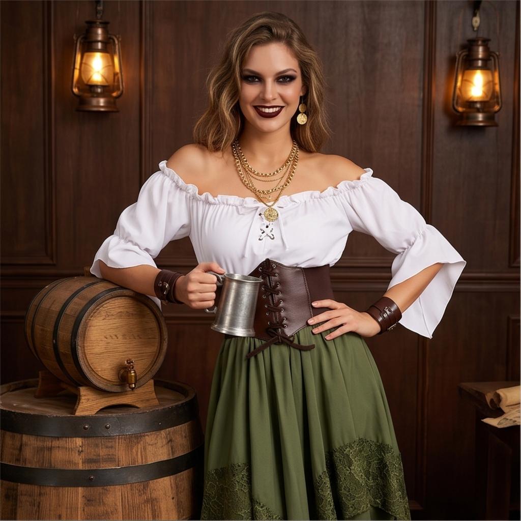 Lady's Halloween Renaissance-style silk dress (top + belt + half-length skirt)