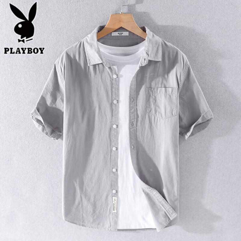 PLAYBOY Мужская повседневная рубашка с коротким рукавом из чистого хлопка