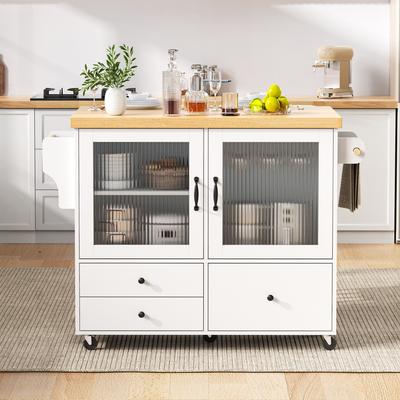 Mobile Kitchen Island with Casters and Extendable Dining Table, Kitchen Cart with Wine Glass Holder and Storage, Ideal for Dining Room (White)