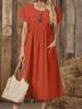 Women's Solid Color Round Neck Pocket Pleated Short Sleeve Cotton And Linen Dress