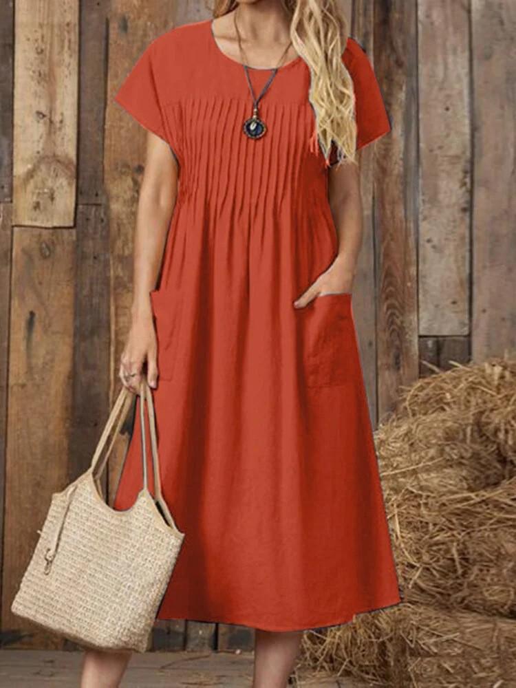 Women's Solid Color Round Neck Pocket Pleated Short Sleeve Cotton And Linen Dress