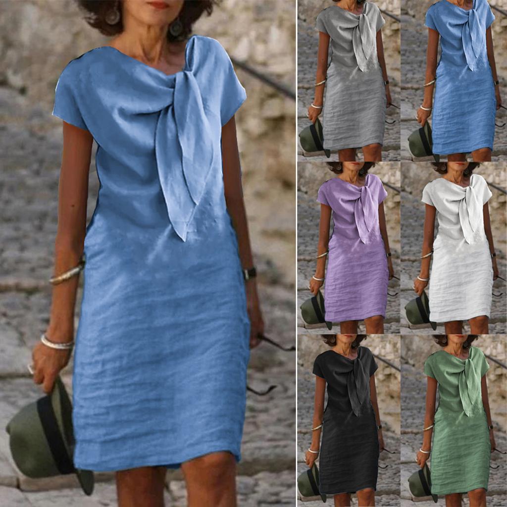 Fashion High Street Straight Loose Mid Dress Vintage O Neck Bow Tie Party Dresses Casual Office Lady Short Sleeved A-line Dress