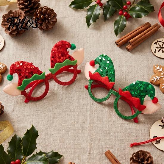 Seasonal Festive Costume Eyewear Christmas Elf Glasses with Sequin Hat & Ears, Funny Party Photo Booth Prop for Kids Adults, Holiday Felt Frame