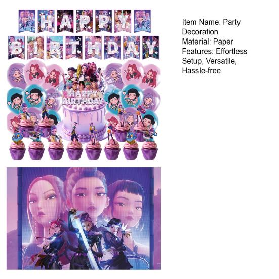 Birthday Party Decor Kit Themed Banner Cake Toppers & Spiral Balloons for K-POP Music Dance Theme Celebration Pink Girls Party Supplies