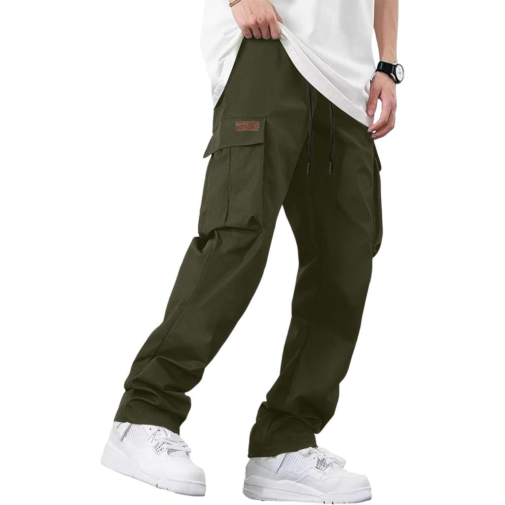 Men's Loose Casual Multi-pocket Work Pants, Youth Stretch Waist Drawstring Pants