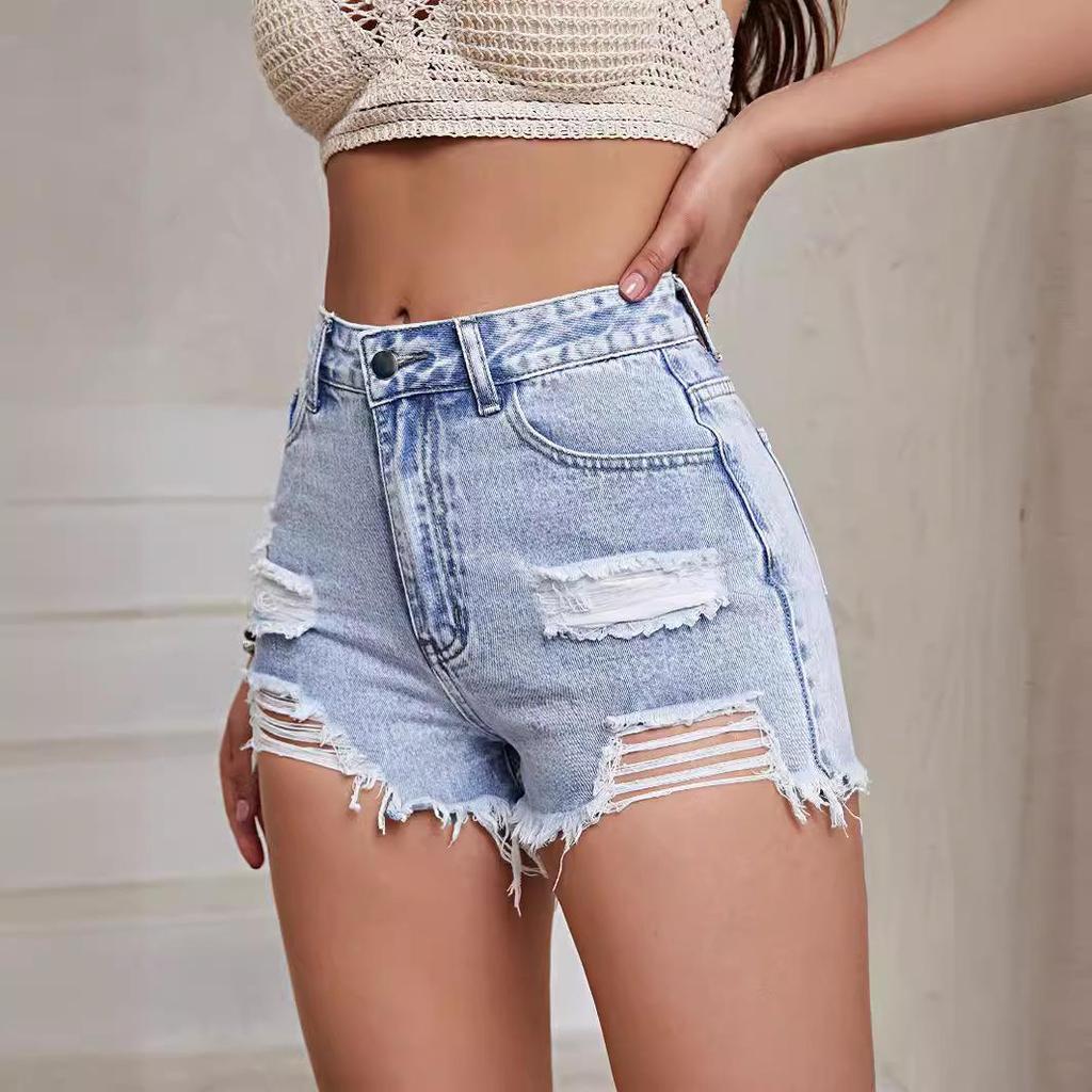 Women's European & American Fashion Ripped Raw Hem Denim Shorts