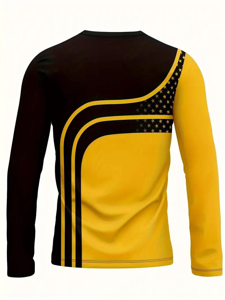 Casual 3D Digital Printed Contrasting Pattern Men's Round Neck Long Sleeved T-shirt for Comfortable Outdoor Wear In Spring and Autumn