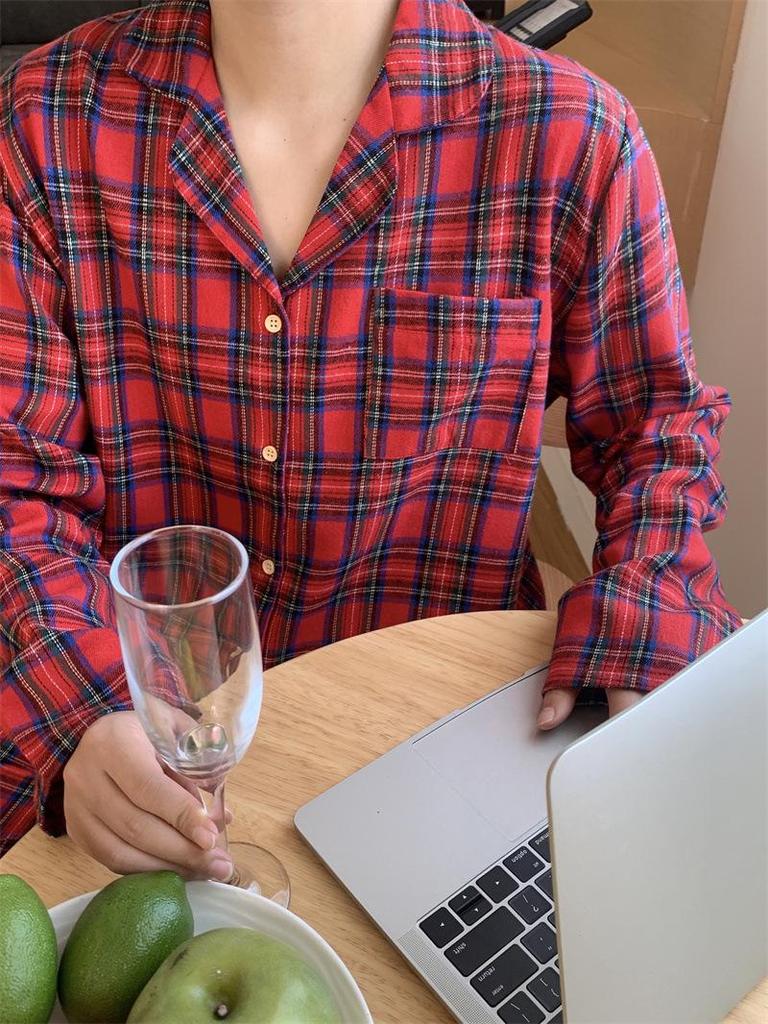 Korean Spring & Autumn Plaid Lace Peter Pan Collar Pajamas - Loose Couple Long Sleeve Homewear Set