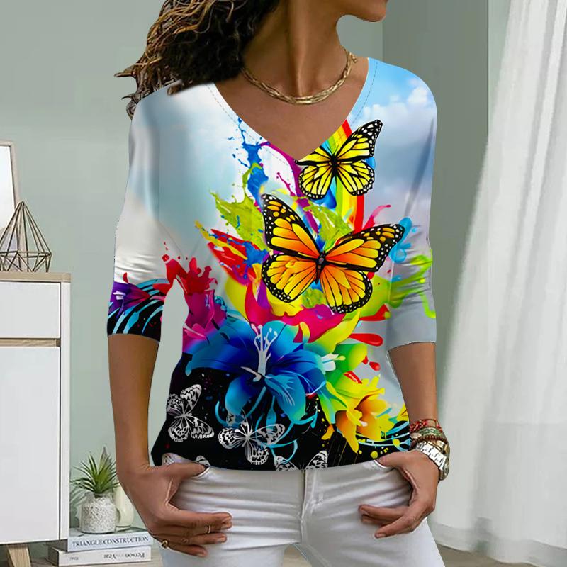 Flowers and Birds Print Women Tshirts Ladies Tops Long Sleeve V-neck Pullover Femme T-shirts T Shirt For Women