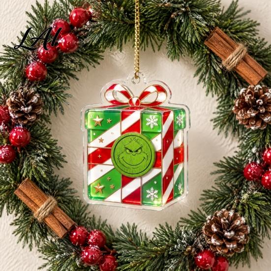 Stained Glass Style Decor Green Elf Christmas Ornament 2D Acrylic Red Bell Tree Candy Cane Gift Box Shaped Double Sided Hanging Decoration
