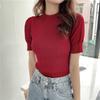 New Korean Style Half Turtleneck Puff Short-sleeved Knitted Top for Women Summer Thin Slim Fit T-shirt Bottoming Shirt