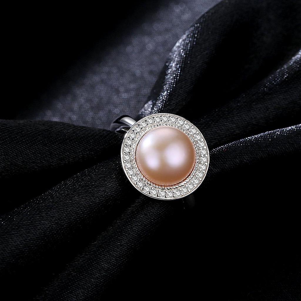 PAG&MAG Sterling Silver Pearl Ring with Micro-paved Zircon and 9-9.5mm Freshwater Pearl