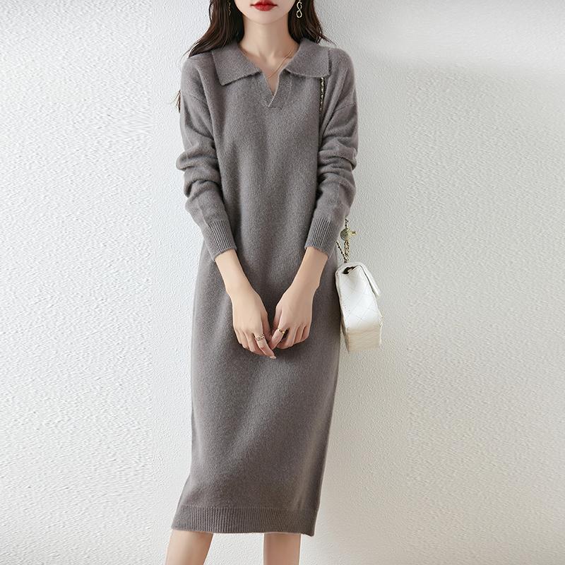 Женское платье-свитер 100% шерсть MODERN NEW SAGA V-образный вырез трикотажный длинный пуловер воротник поло зимние джемперы шерстяное длинное платье женское