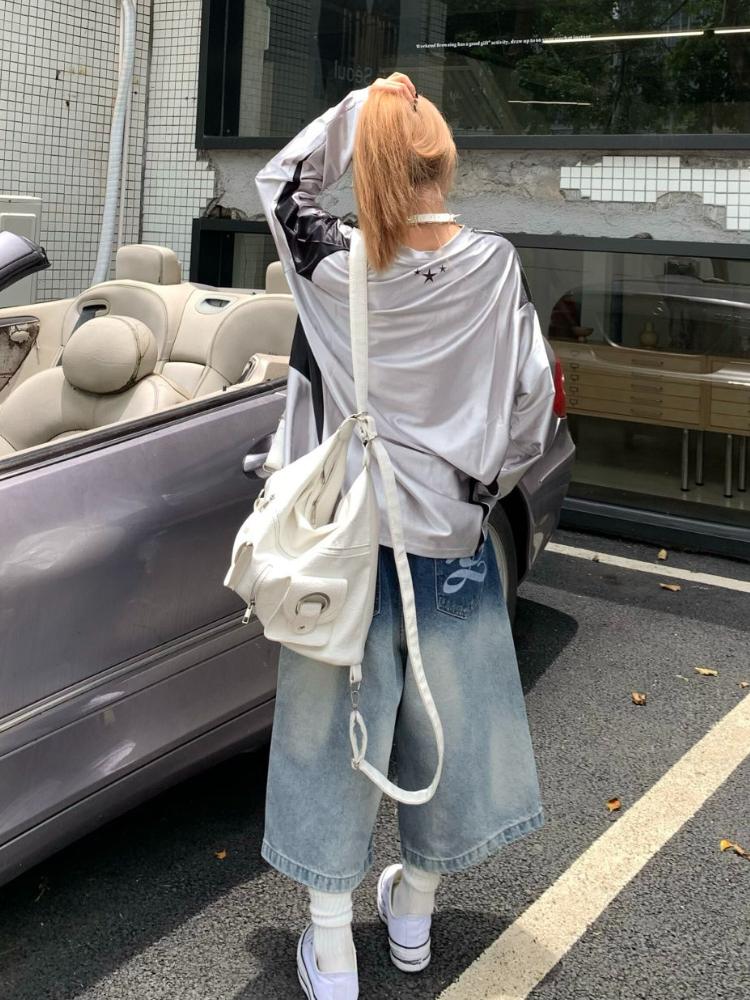 90s Plus Size American Retro Ripped Cropped Jeans Women Y2k Design Sense Shorts Loose High Waisted Straight Wide Leg Pants