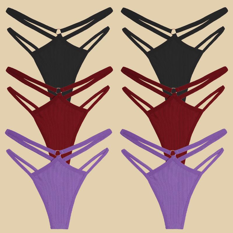 FINETOO 6Pcs Cotton Double Belts Underwear Women Sexy Metal Ring Thongs Low Waist Erotic Lingerie Breathable Comfort Intimates