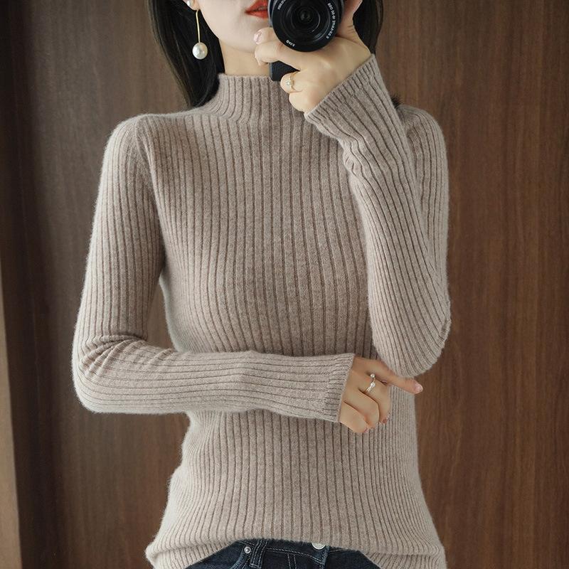 Женский свитер с полувысоким воротом, длинный рукав, тонкий внутренний пуловер, однотонный повседневный плотный вязаный свитер на осень и зиму
