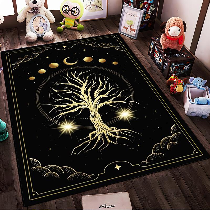 Golden Tree with Moon and Stars Design Non-slip rug suitable for living room and bedroom sofas