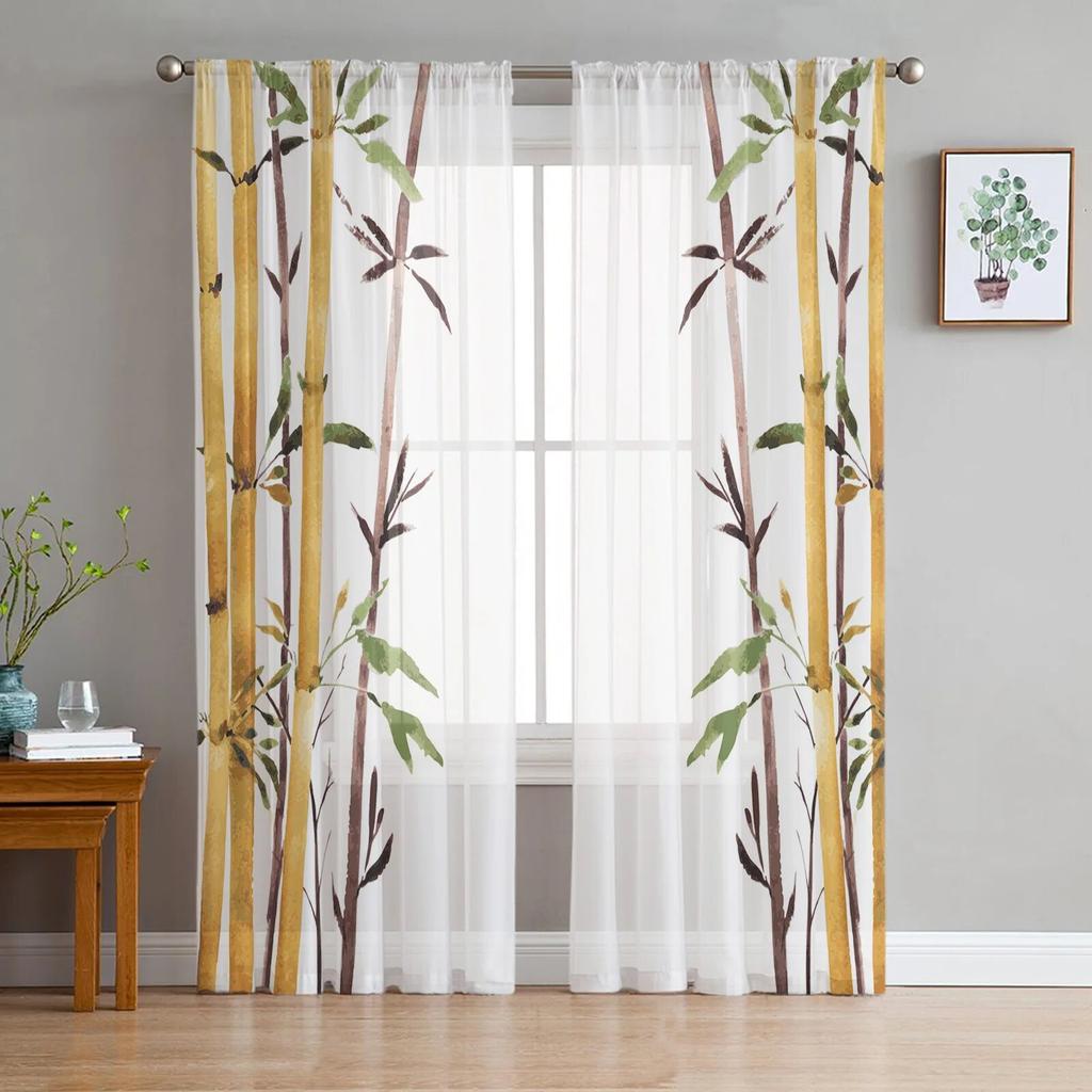 Bamboo Watercolor Painting Tulle Curtains For Living Room Bedroom Voile Curtain Home Decoration Sheer Balcony Door Curtain