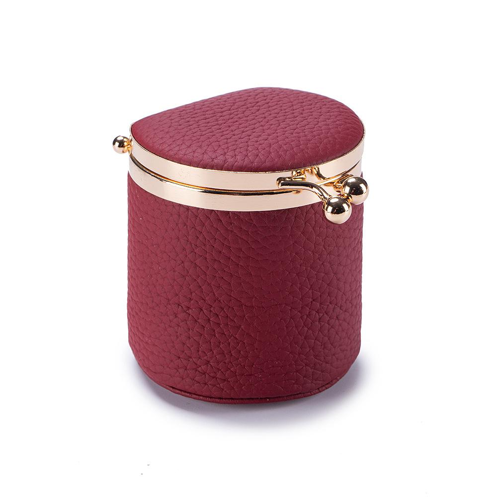 Portable Real Leather Jewelry Travel Wallet Mini Kiss-Lock Cylindrical Storage Box, Compact Organizer for Rings, Earrings, Coins