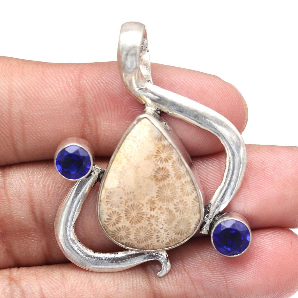 Fossil Coral Tanzite Gemstone Mother's Day Silver Jewelry Pendant  1.75"