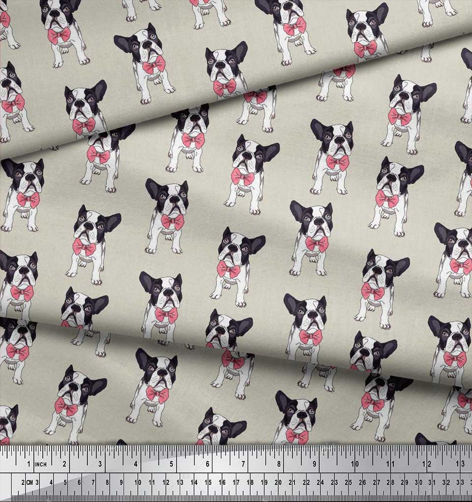 Soimoi Japan Crepe Satin Fabric Bow & Boston Terrier Dog Print Fabric by the Metre 42 Inch