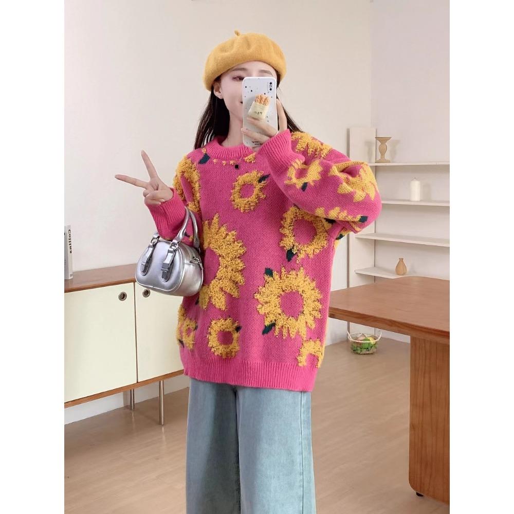 Европейский и американский жаккардовый свитер с подсолнухом, женский осенне-зимний свободный свитер с круглым вырезом и длинными рукавами средней и длинной длины