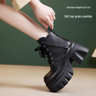 Женские полусапоги Мартин из натуральной кожи на толстой подошве и массивном каблуке для увеличения роста - британский стиль, осень/зима.