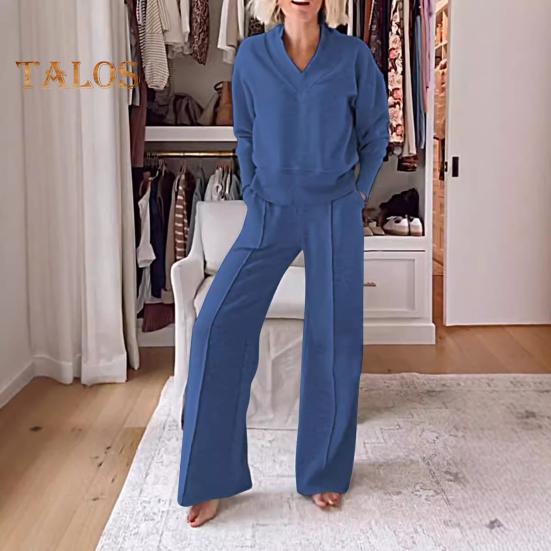 2 шт./комплект женский топ брюки комплект V-образный вырез длинные рукава свободная толстовка эластичный пояс широкие спортивные штаны спортивный наряд осенний повседневный спортивный костюм