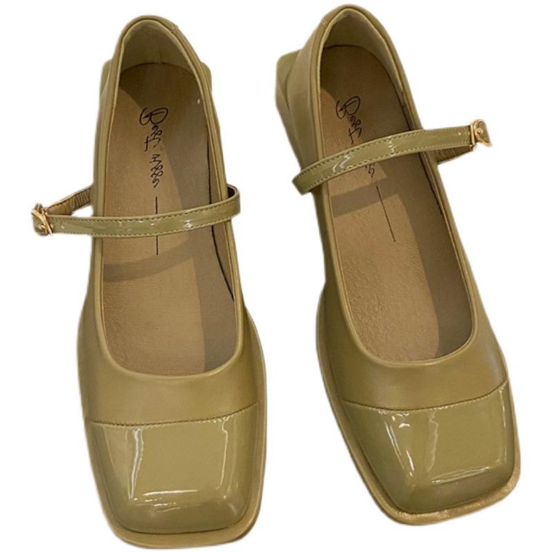 Гонконг Черный квадратный голова мода светлый рот одиночные туфли женские одна пуговица толстый каблук Мэри Джейн маленькие кожаные туфли