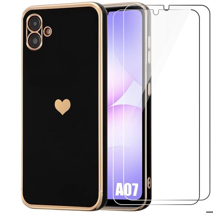 Coque de Protection - BOOLING - Samsung Galaxy A07 - Silicone Motif Cœur Noir - 2 Verres Trempés