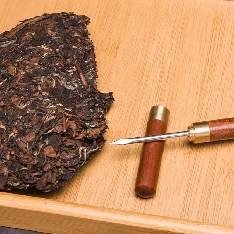 Stainless Steel Tea Needle Solid Sandalwood Ebony Wood Handle Sheath Durable Pu'er Tea Loosening Knife Tea Set Accessories