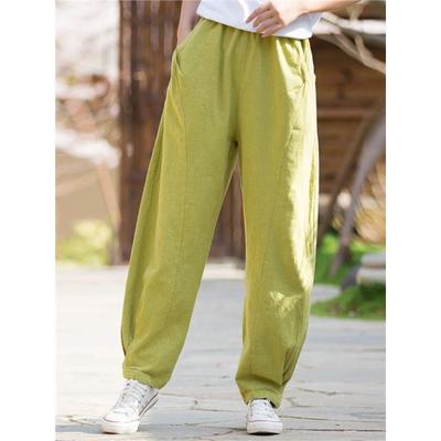 Полосатые брюки в стиле ретро из льна, однотонные карманы, эластичная резинка на талии из рами, свободные женские брюки