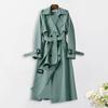 Fall Winter Women Trench Coat Turn-down Collar Solid Color Double-breasted with Belt