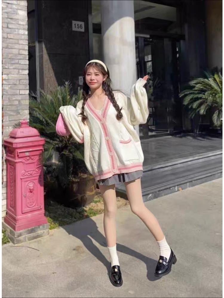 Милые вязаные кардиганы с бантом Y2k эстетичные все сочетающиеся контрастные цвета пальто модные однобортные женские свитера Kawaii JK джемперы