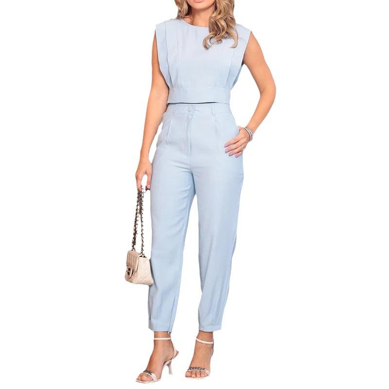 Летняя европейско-американская мода темперамент без рукавов простой тонкий однотонный брючный костюм