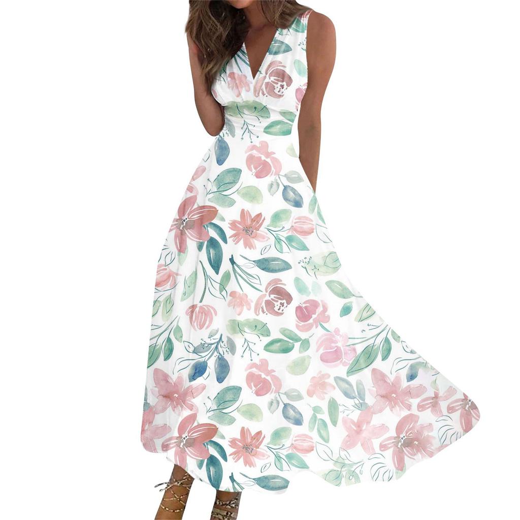 Женское длинное платье Платье макси Повседневное платье Летнее повседневное платье без рукавов с v-образным вырезом в стиле бохо с талией и принтом