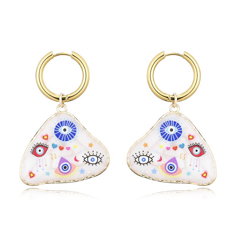 Trendy Colorful Eye Heart Star Moon Pattern Stainless Steel Hoop Earrings Woman Big Vintage Statement Geometric Enamel Jewelry