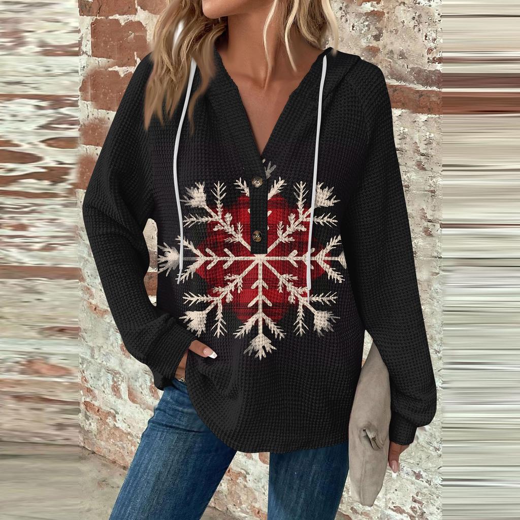 Женский повседневный топ с длинными рукавами, пуговицами, V-образным вырезом, рождественским принтом, завязками и капюшоном