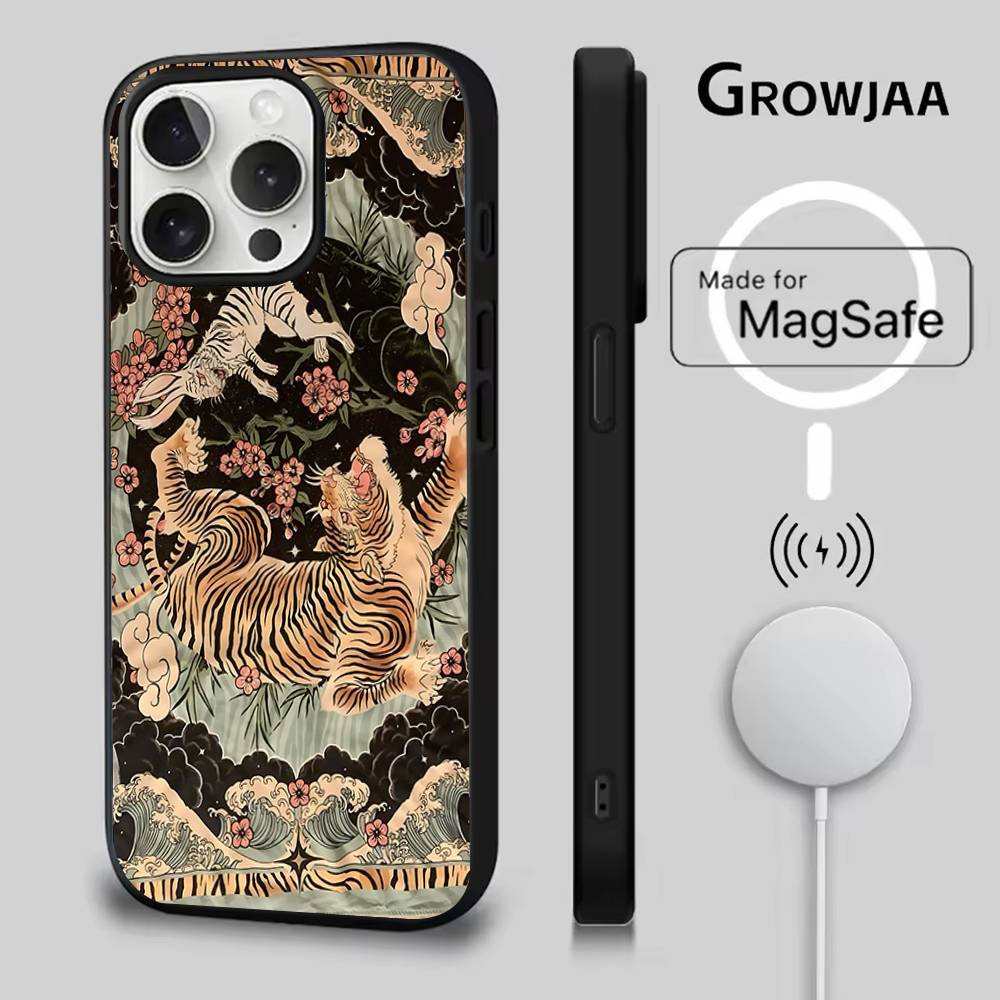 Японская Укиё-э Тигр Чехол для Телефона Для iPhone 17,16,15,14,13,12,11,Pro,Max,Plus,Mini,SE4,E Магнитный Magsafe Беспроводная Зарядка