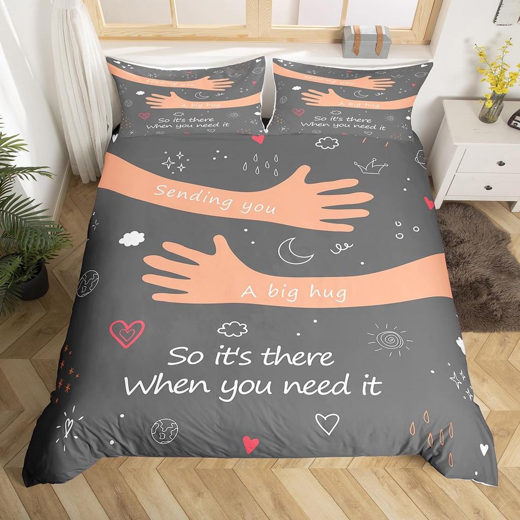 Cute Love Hug Duvet Cover Set Single King for Kids Adults Cute Sun Moon Cloud Bedding Set Lovely Heart Pattern Beige Quilt Cover