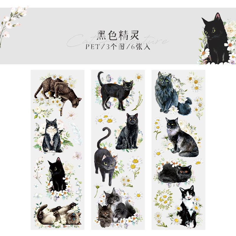 6 pcs Long strip Kawaii Cartoon cats Stickers aesthetic Creativity Decorative Diary Album Scrapbooking material Journal Supplies