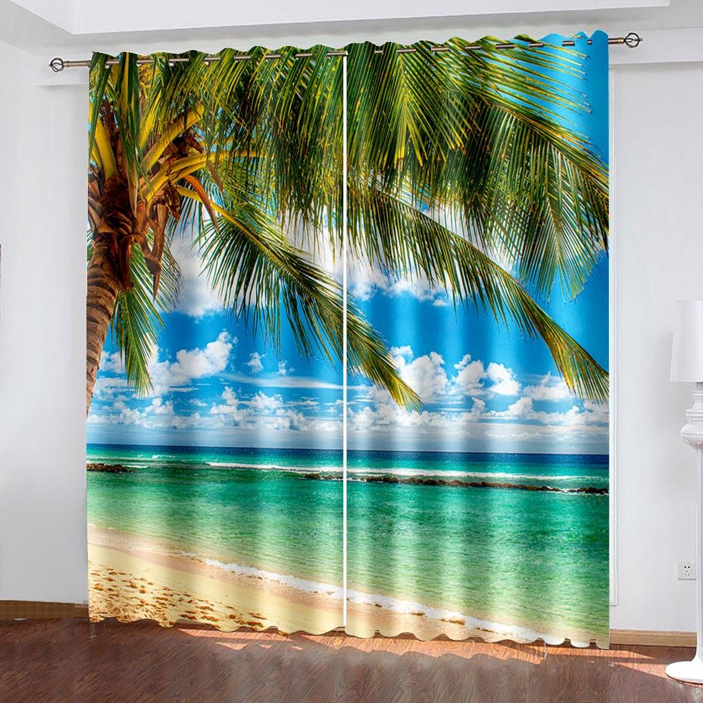 3D Nature Landscape Blue Sand Beach Sea Palm Leaves Shading Polyester Window Curtains for Bedroom Living Room Home Decor Hook