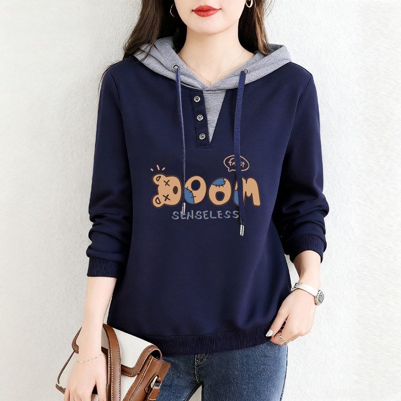 Sale for Foreign Trade Export: 100% Pure Cotton Long-Sleeve Stylish Hooded T-Shirt for Women, Autumn, Plus Size, Casual Base Shirt, Trendy Top