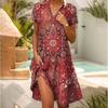 YYFS Women's Fashion Summer Spring Leopard Print Short Sleeve V-Neck Loose Waistline Casual Dresses