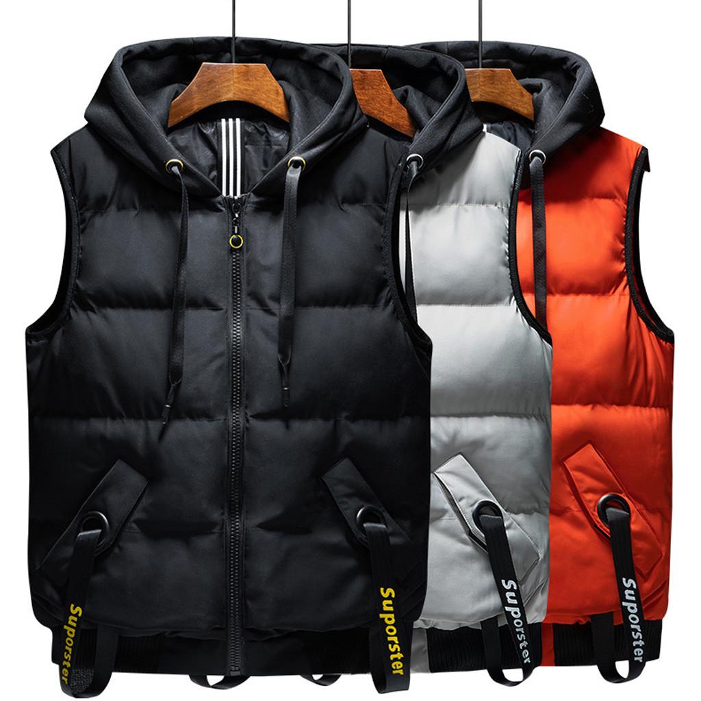 Мужские зимние теплые хлопковые пальто без рукавов, куртки с капюшоном, жилет на молнии, майки