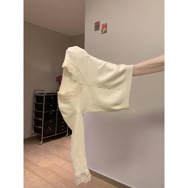 Весенняя кружевная трикотажная базовая рубашка с V-образным вырезом, женский облегающий и тонкий внутренний топ, мягкий восковой свитер, уменьшающий возраст