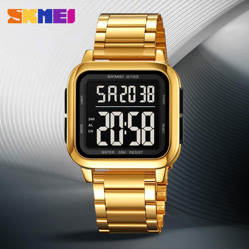 SKMEI 2133 Square Large Digital Dial Watch Men's Luxury Stainless Steel Lightweight Sports Watch Men's 3Bar Waterproof
